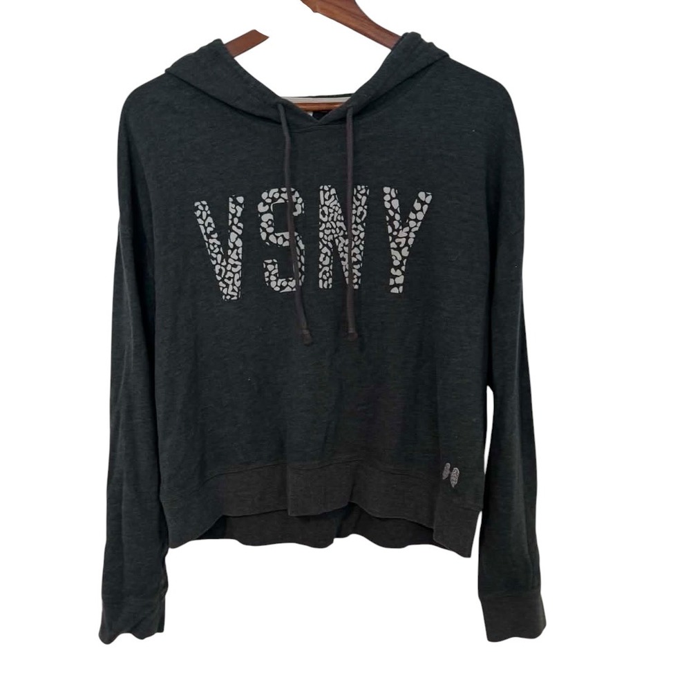 Victoria's Secret Hoodie Women Large Grey Excellent VSNY Leopard Graphic Crop